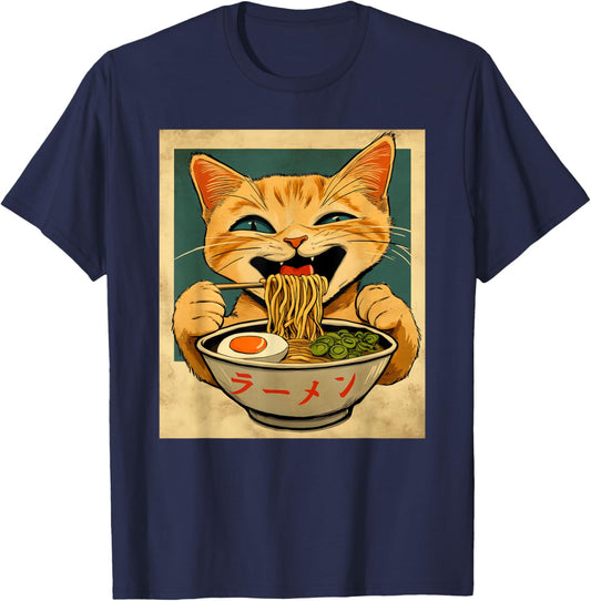 Funny Ginger Cat Ramen Japanese Kawaii Anime Cat Graphic T-Shirt - T-Shirt | Navy
