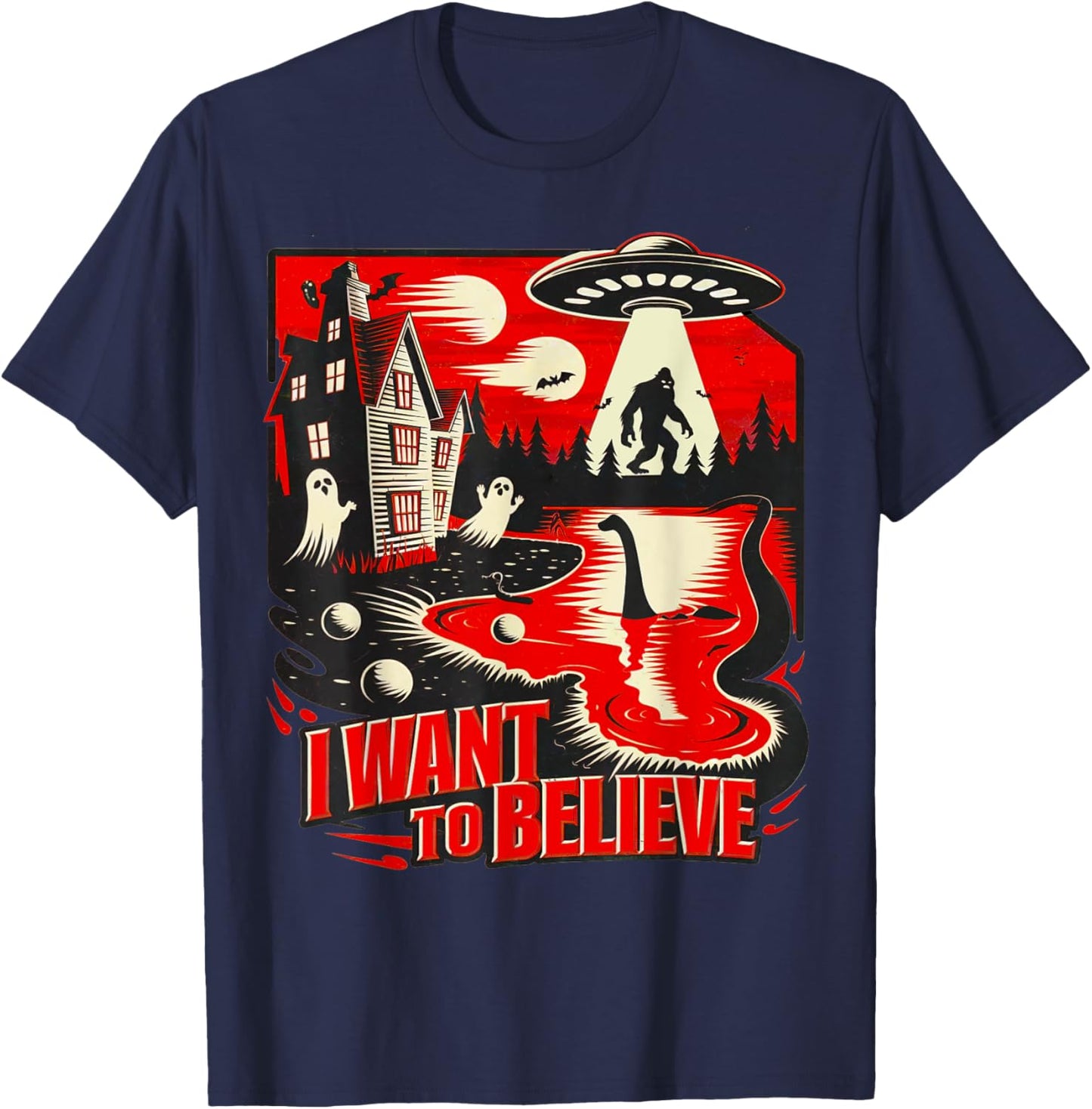 I want to believe UFO Loch Ness Ghost T-Shirt - T-Shirt | Navy