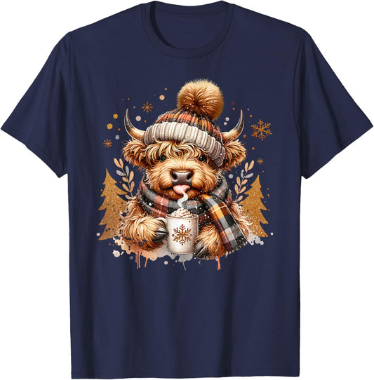 Cute Highland Cow Drinking Coffee Latte Winter Christmas T-Shirt - T-Shirt | Navy