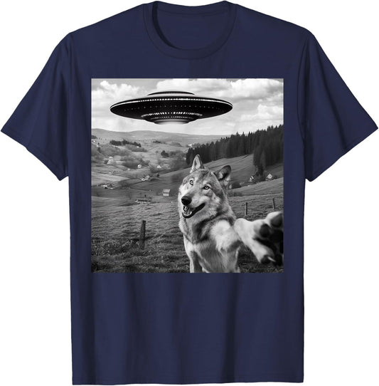 Wolf Selfie With Alien UFO Funny Gifts Women Boy Kid T-Shirt - T-Shirt | Navy