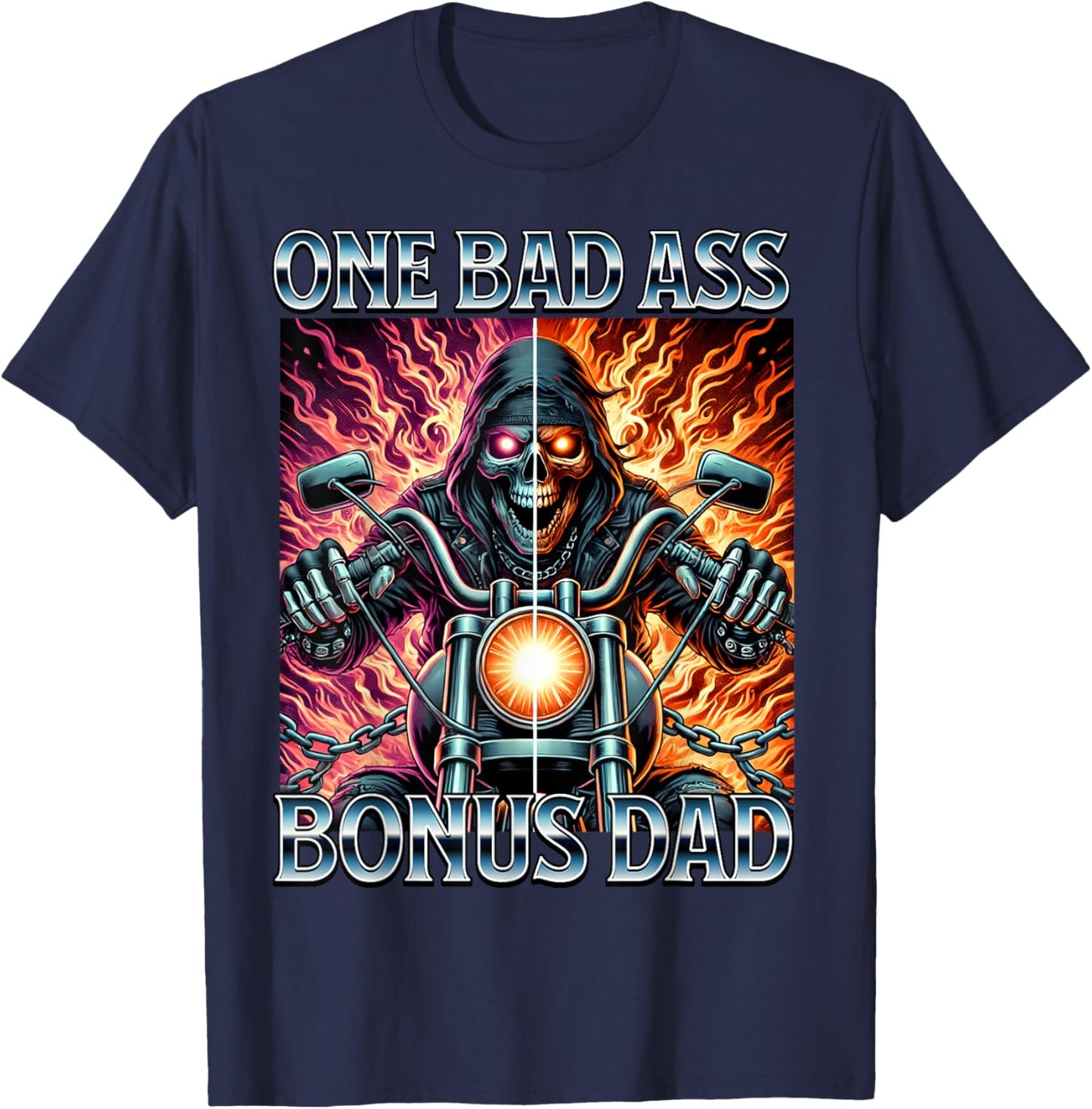 Bad Ass Bonus Dad Skeleton Step Dad Biker Stepdad Motorcycle T-Shirt - T-Shirt | Navy