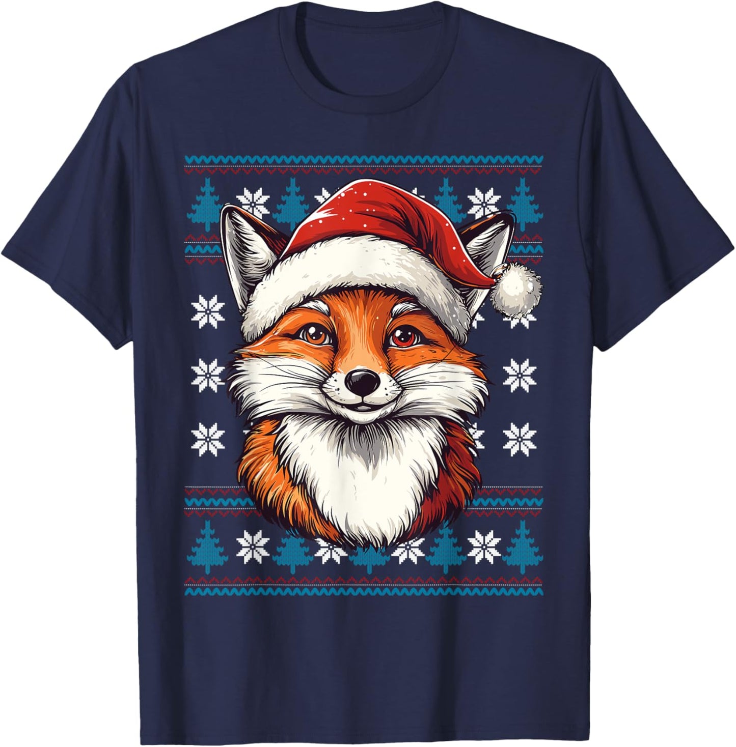 Foxes Santa Hat Ugly Christmas Sweater Foxes Lovers Holiday T-Shirt - T-Shirt | Navy