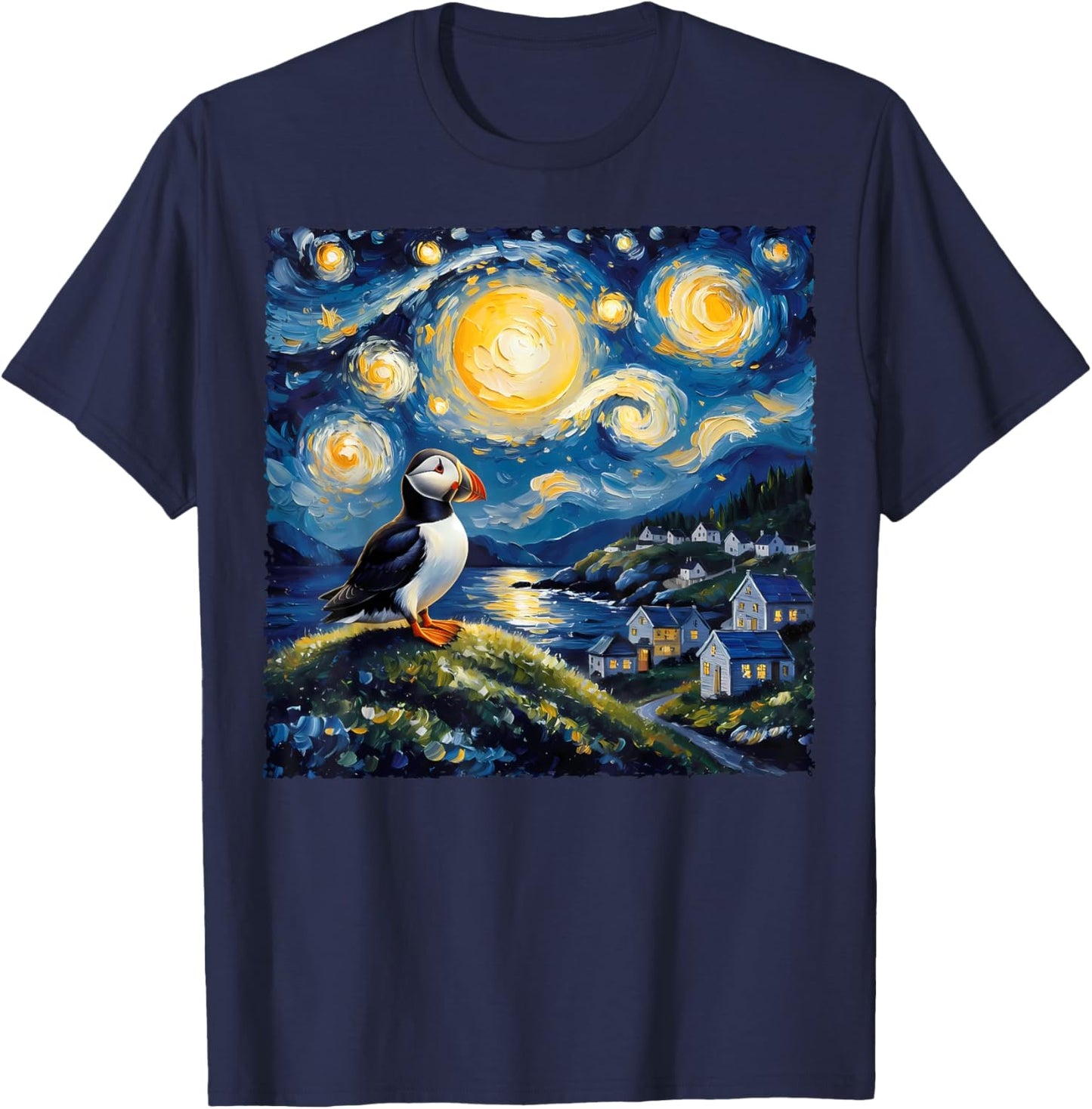 Van Gogh Style Funny Puffin Lover The Starry Night Painting T-Shirt - T-Shirt | Navy