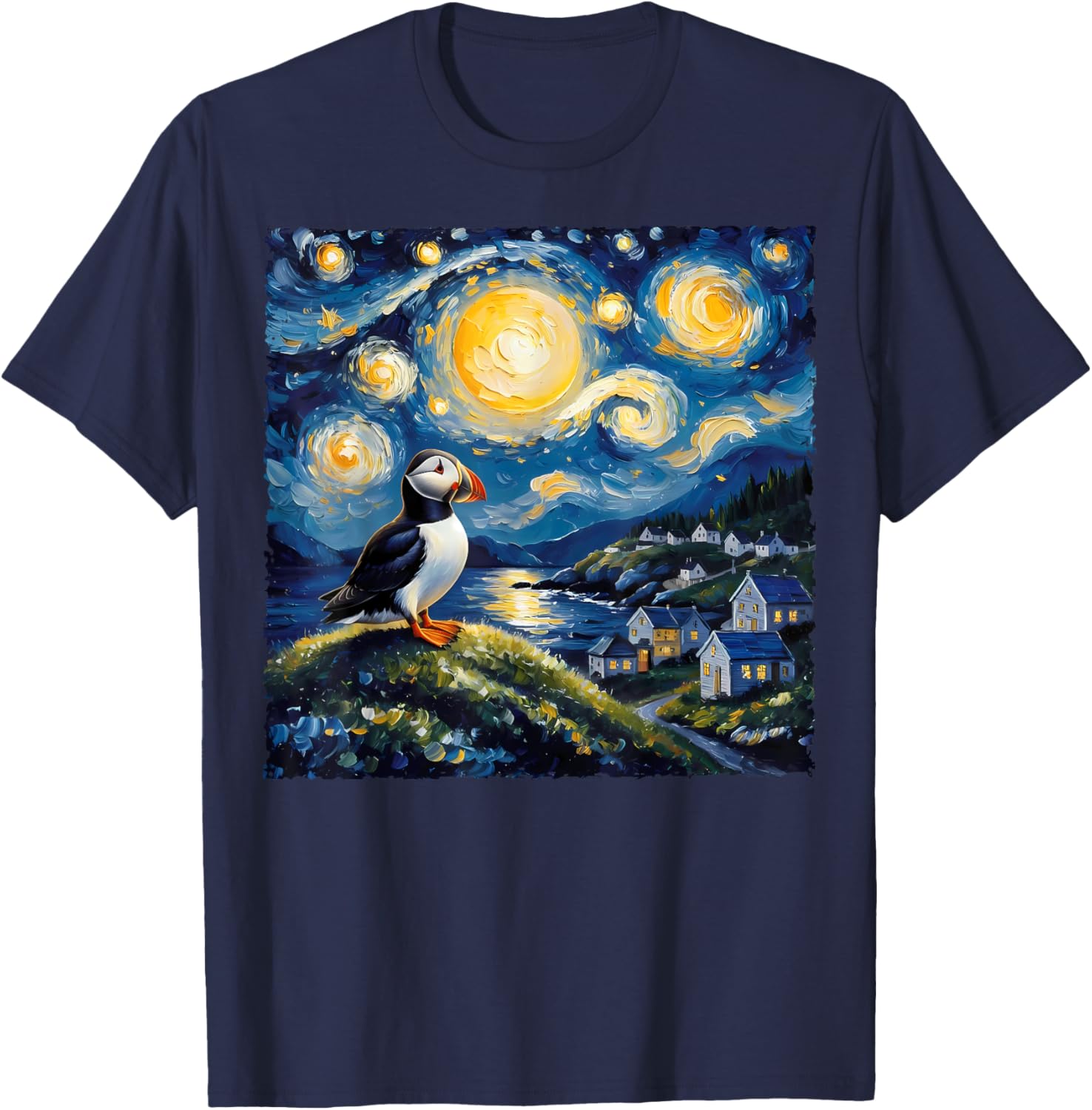 Van Gogh Style Funny Puffin Lover The Starry Night Painting T-Shirt - T-Shirt | Navy