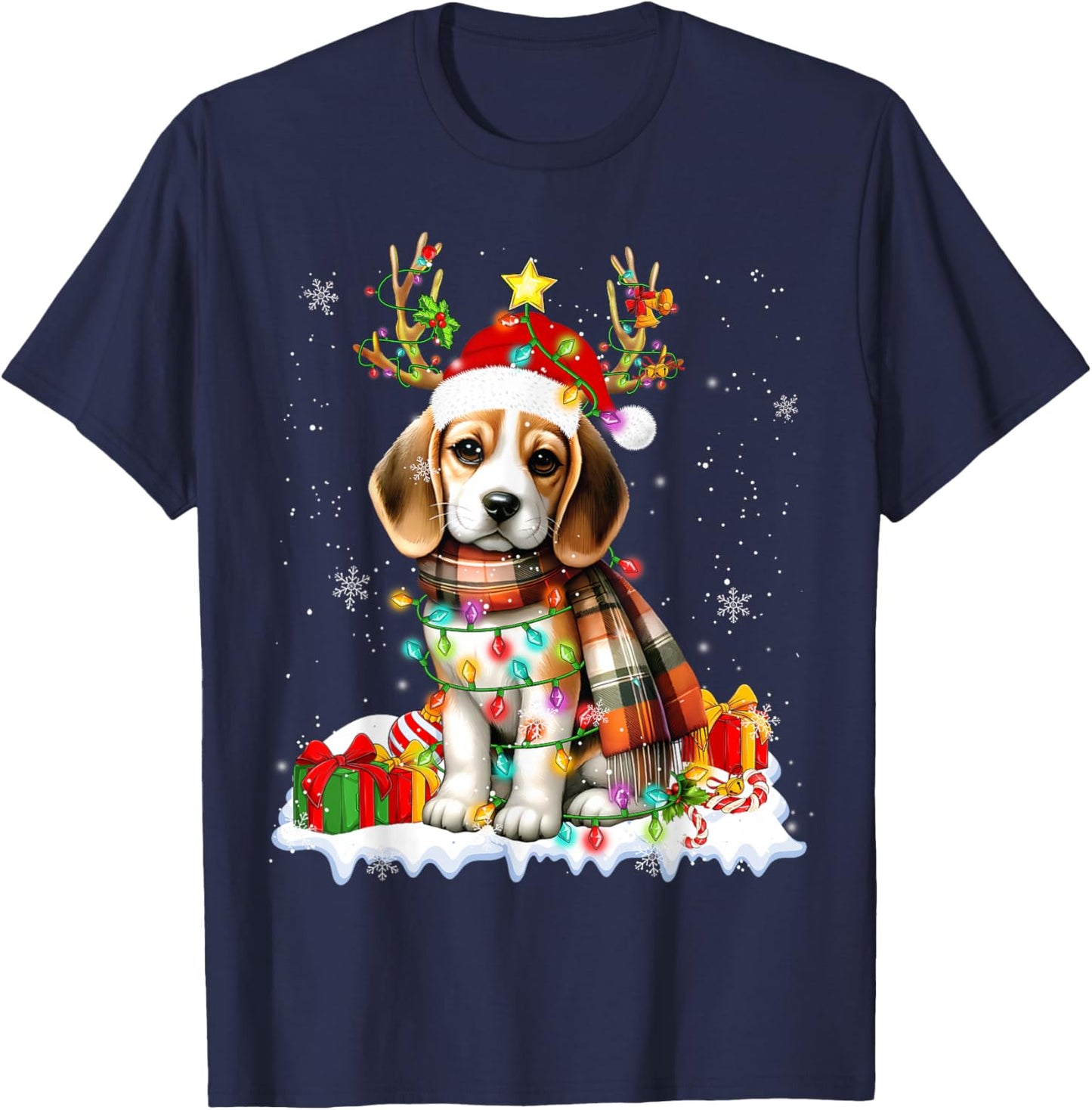 Santa Beagle Christmas Lights Funny Reindeer Dog Xmas 2026 T-Shirt - T-Shirt | Navy
