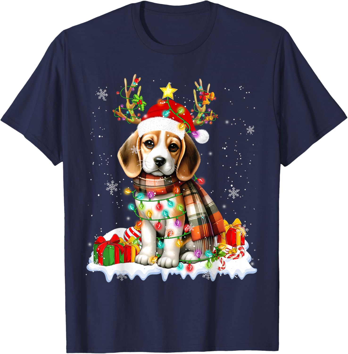Santa Beagle Christmas Lights Funny Reindeer Dog Xmas 2026 T-Shirt - T-Shirt | Navy
