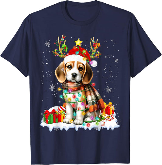 Santa Beagle Christmas Lights Funny Reindeer Dog Xmas 2026 T-Shirt - T-Shirt | Navy
