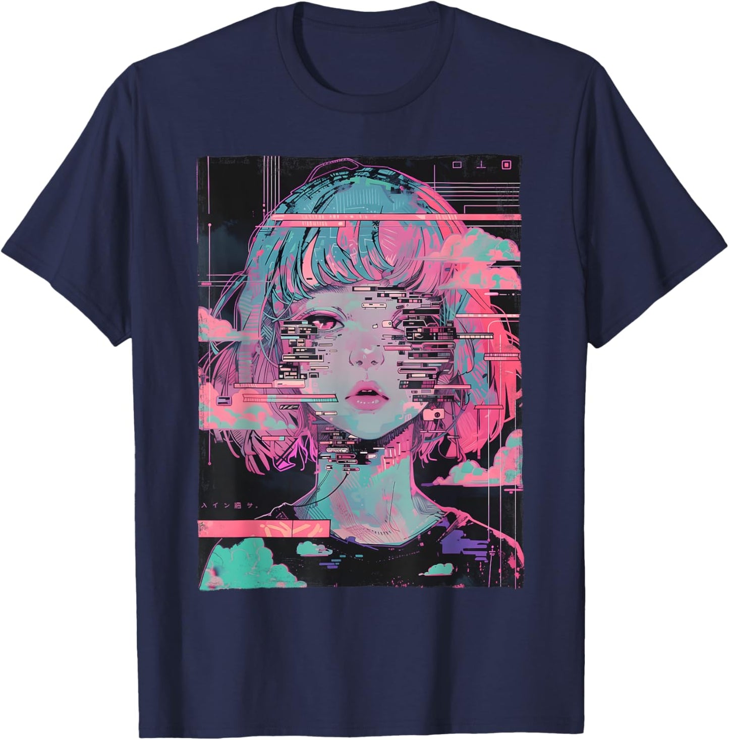 Anime Girl Vaporwave Glitch Cyber Goth E-Girl Distressed T-Shirt - T-Shirt | Navy