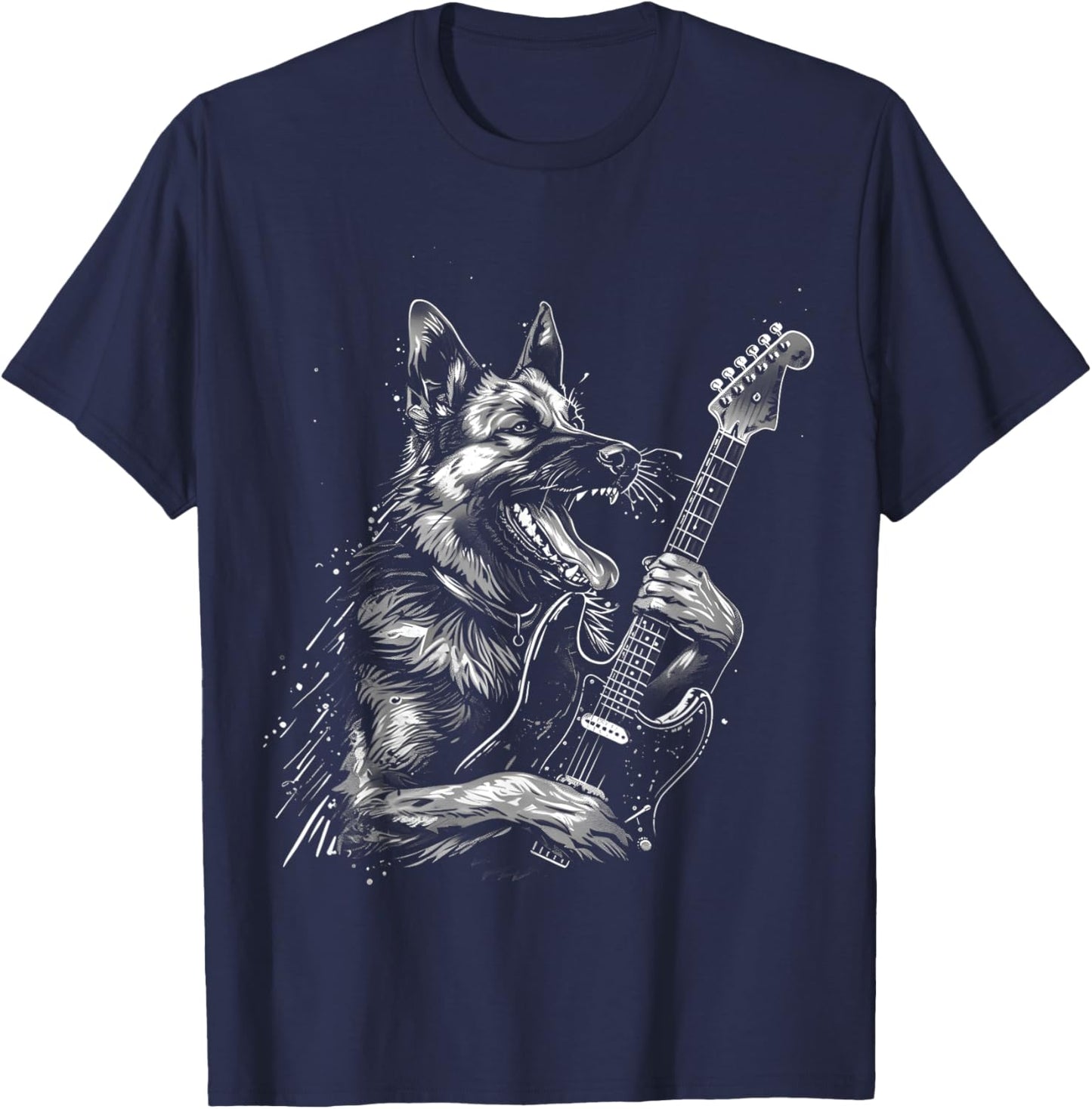 German Shepherd Dog Playing Electric Guitar Rock Dog Dad T-Shirt - T-Shirt | Navy