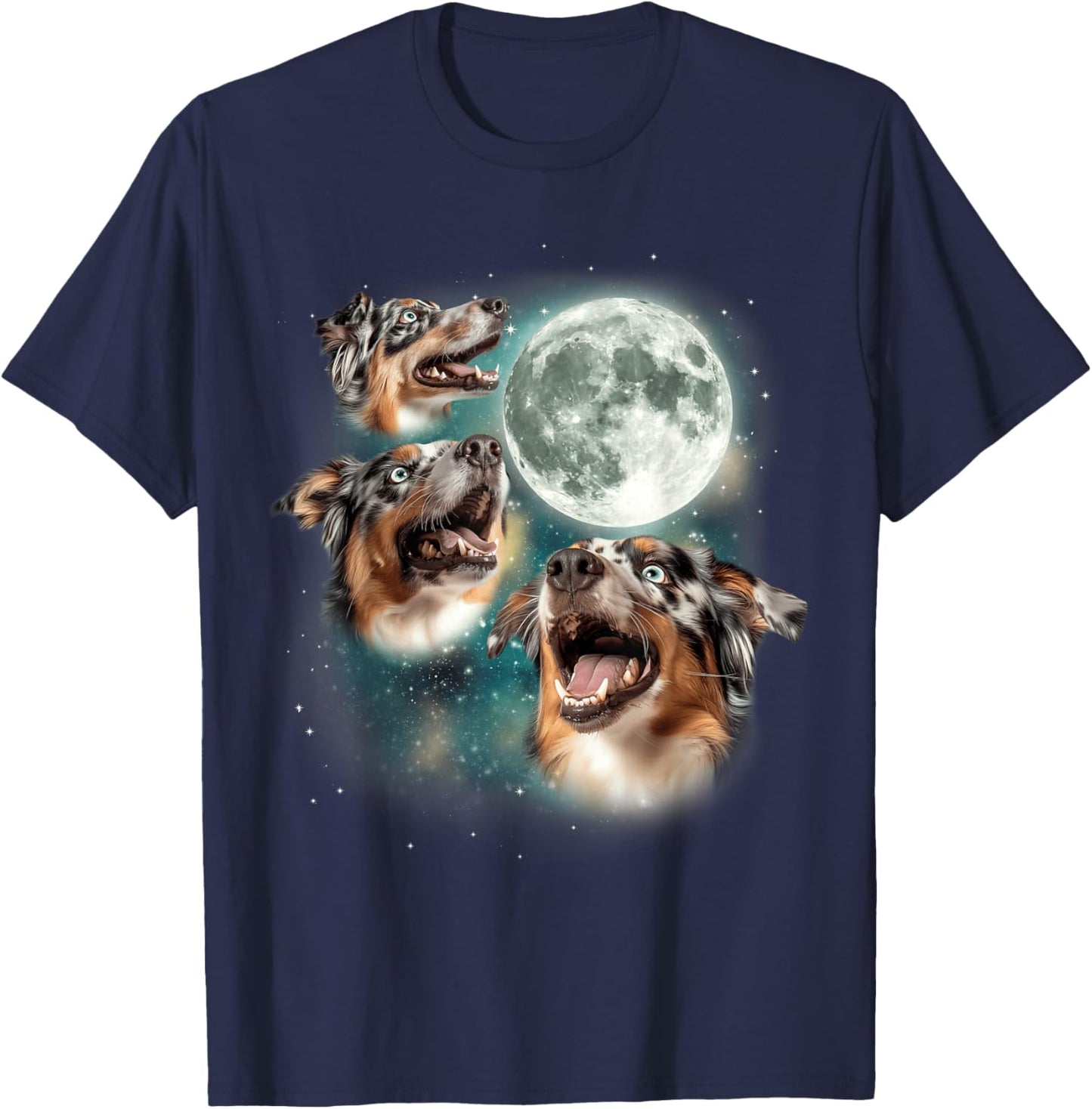 3 Australian Shepherds Moon | Three Aussies Howling Dog Meme T-Shirt - T-Shirt | Navy