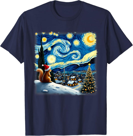 Christmas Squirrel Starry Night T-Shirt - T-Shirt | Navy