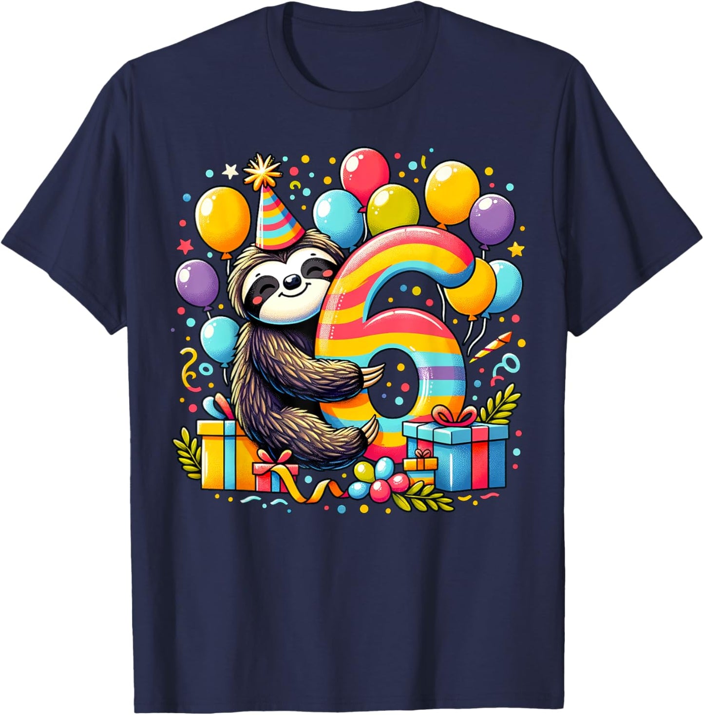 Kids Sloth Theme sixth Bday Party 6th Sloth Birthday T-Shirt - T-Shirt | Navy