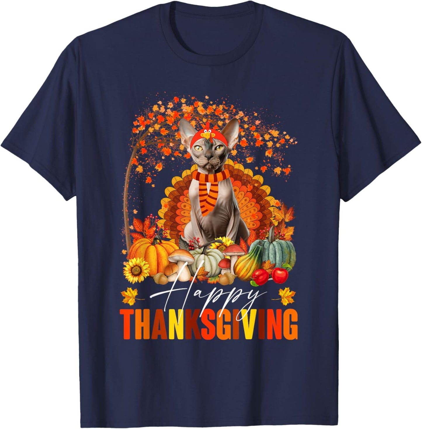 Funny Sphynx Cat In Turkey Costume Happy Thanksgiving Day T-Shirt - T-Shirt | Navy