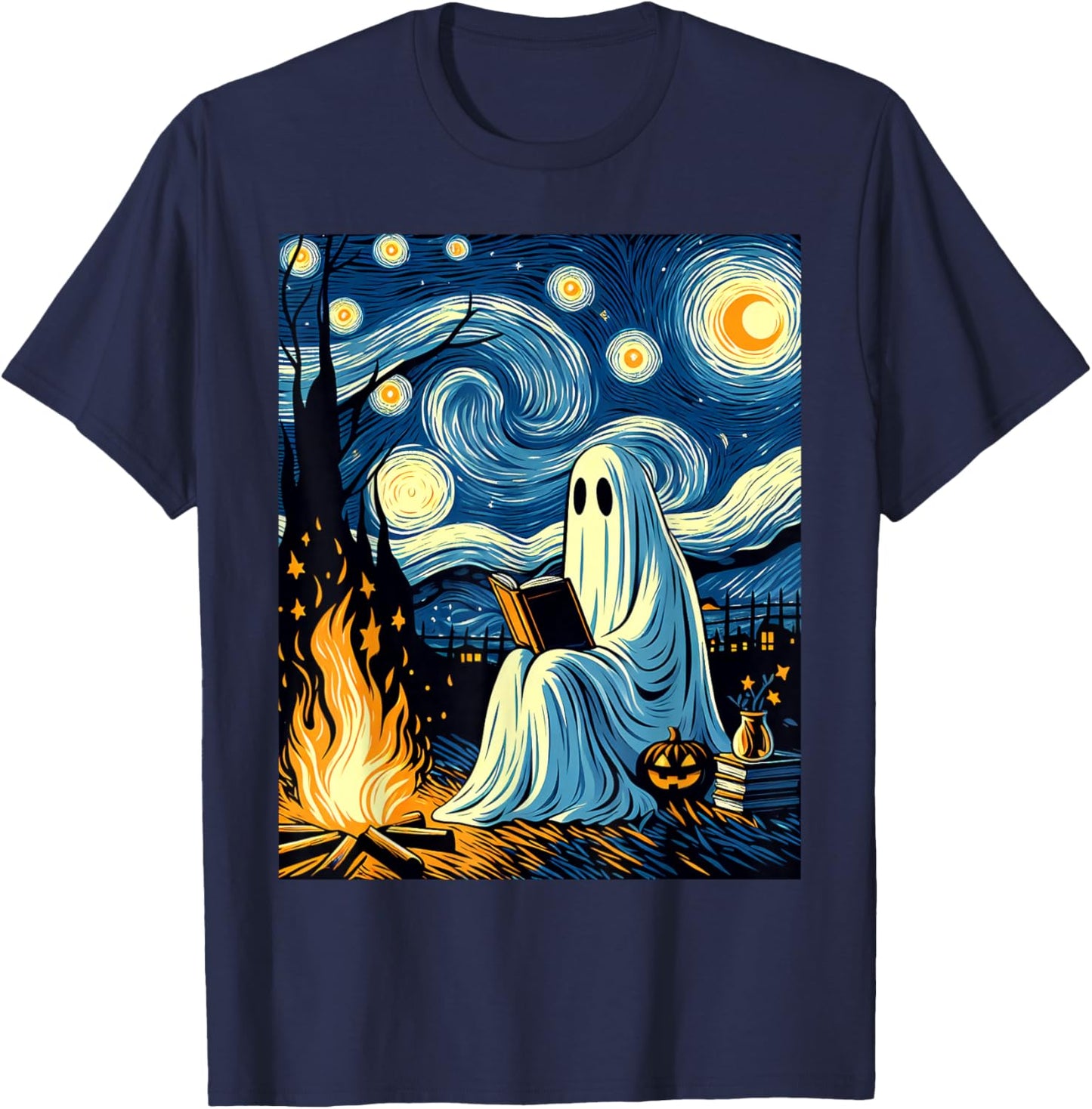 Ghost Book Reading Camping Halloween Van Gogh Starry Night T-Shirt - T-Shirt | Navy