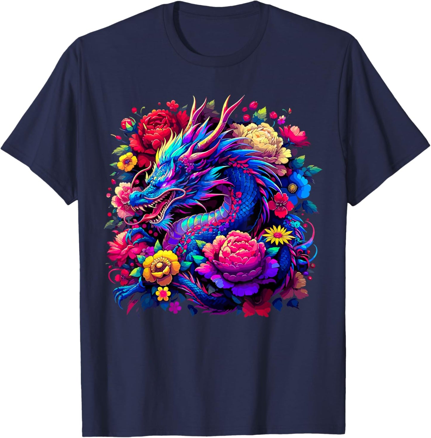 Dragon Flowers Beautiful Art Colorful T-Shirt - T-Shirt | Navy