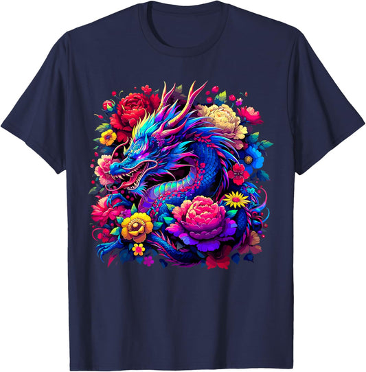 Dragon Flowers Beautiful Art Colorful T-Shirt - T-Shirt | Navy