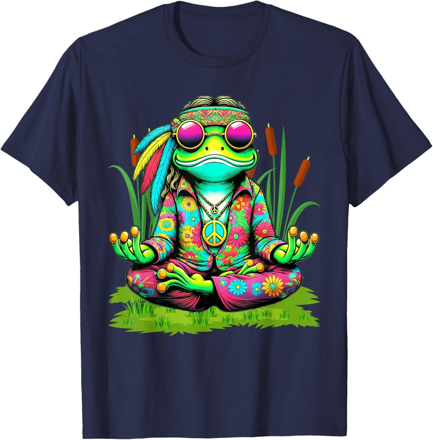 Frog Peace Sign Sunglasses Hippie T-Shirt - T-Shirt | Navy