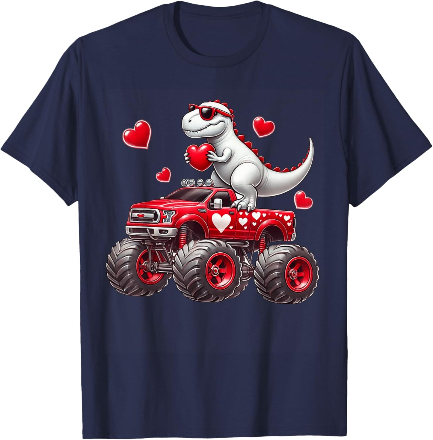Valentines Day T Rex Riding Monster Truck Funny Toddler Boys T-Shirt - T-Shirt | Navy
