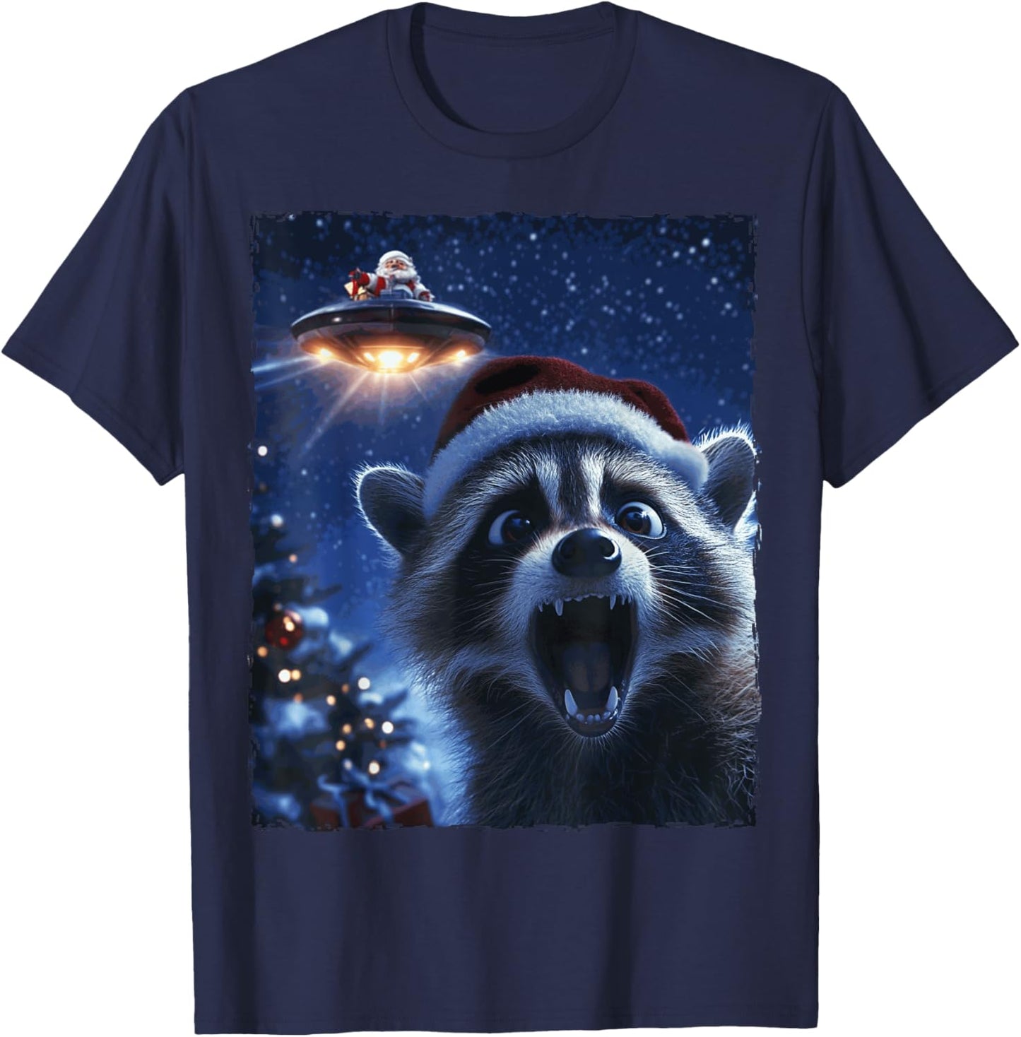 Funny Raccoon Selfie Santa Ufo Xmas Christmas T-Shirt - T-Shirt | Navy