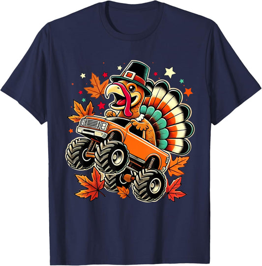 Funny Turkey Driving Monster Truck Thanksgiving Boys Toddler T-Shirt - T-Shirt | Navy