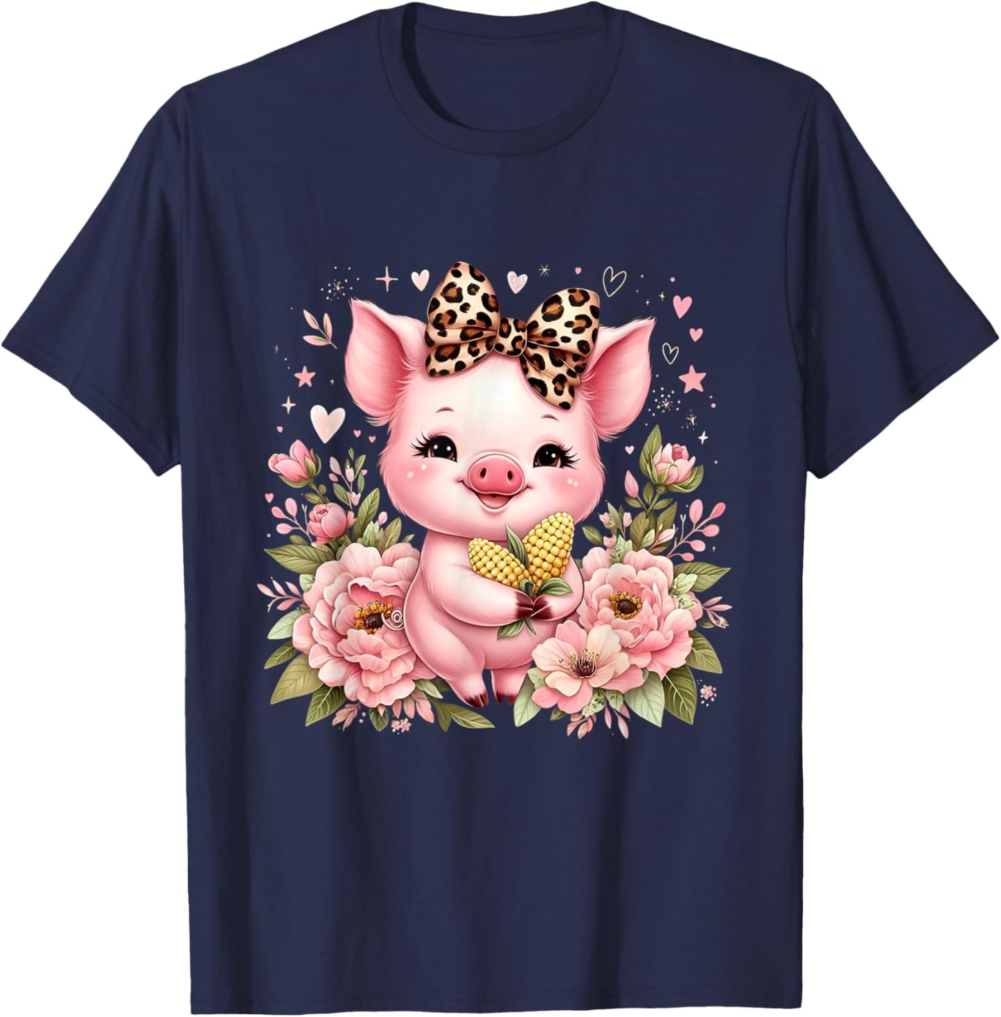 Pig Corn Leopard Coquette Bow Flowers Cute Pig Lover Women T-Shirt - T-Shirt | Navy