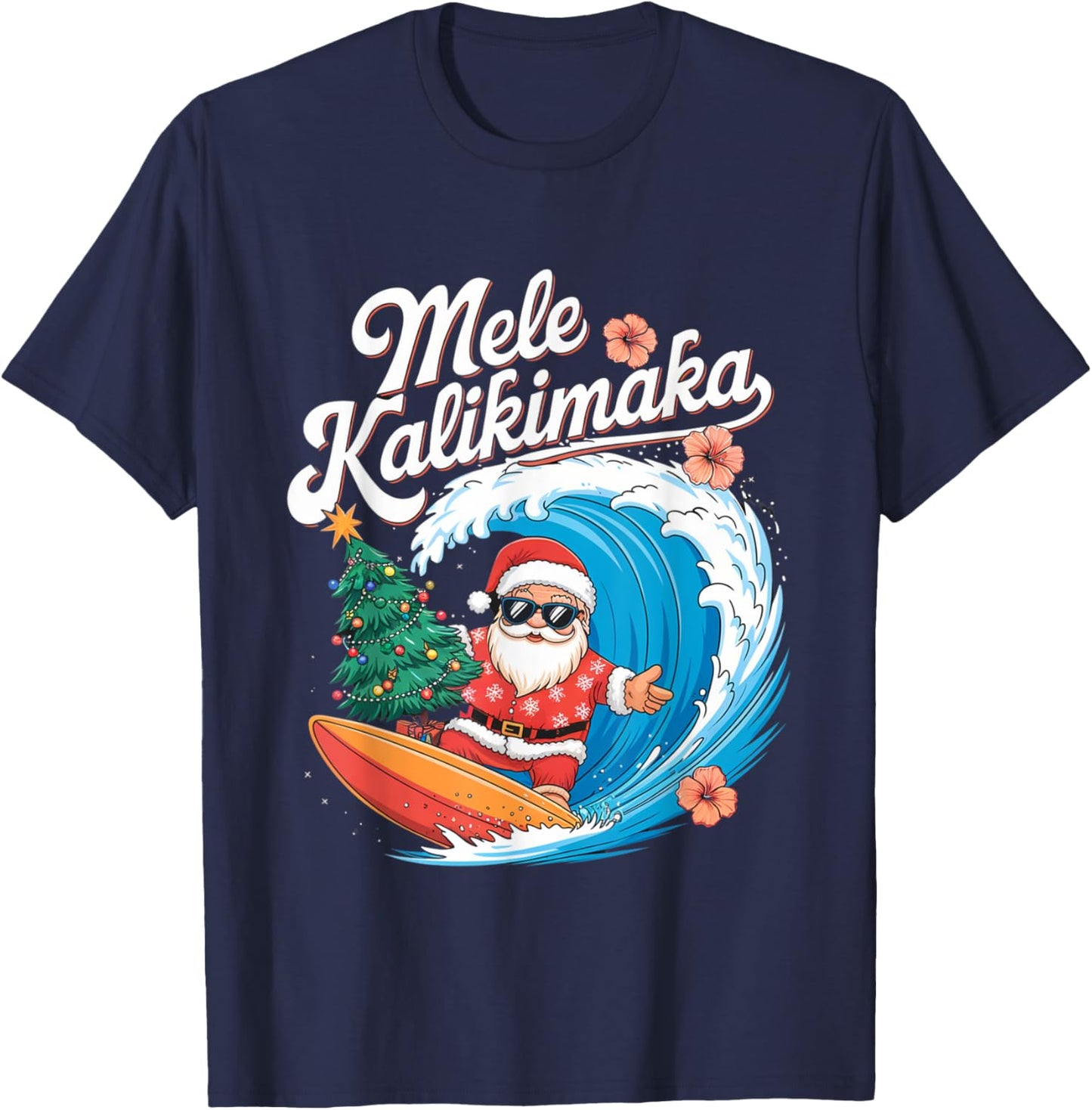 Vintage Cute Mele Kalikimaka Christmas Santa Surfing Costume T-Shirt - T-Shirt | Navy