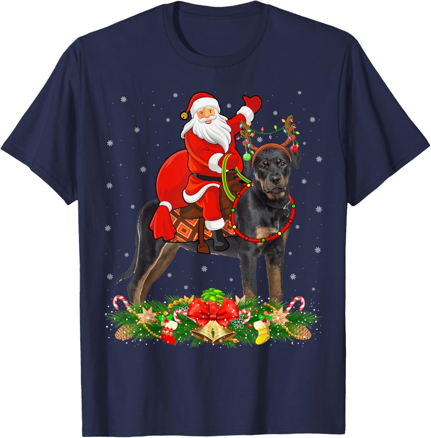 Xmas Decor Funny Santa Riding Rottweiler Dog Christmas T-Shirt - T-Shirt | Navy