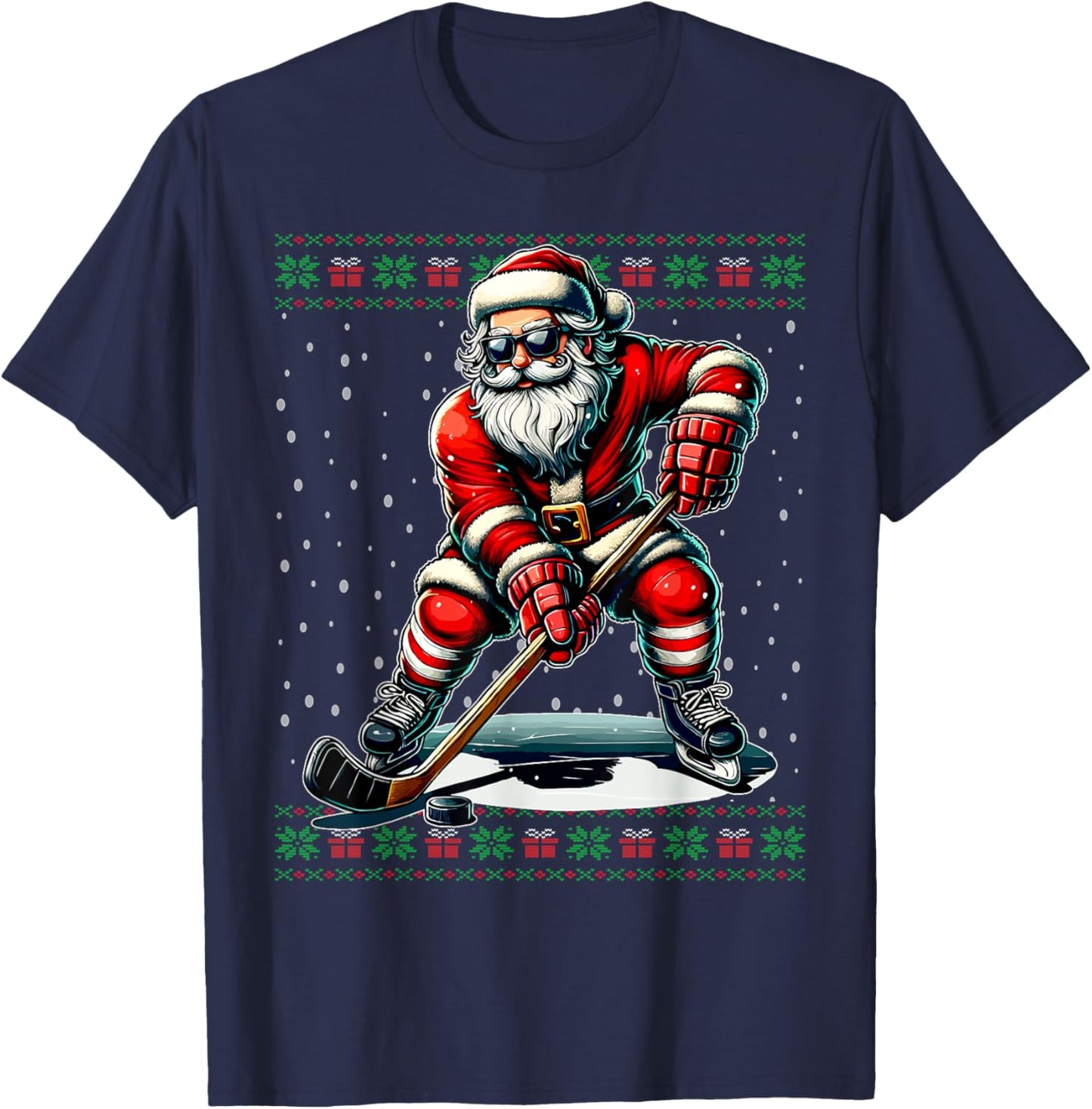 Santa Claus Playing Hockey Ugly Christmas Sweater T-Shirt - T-Shirt | Navy