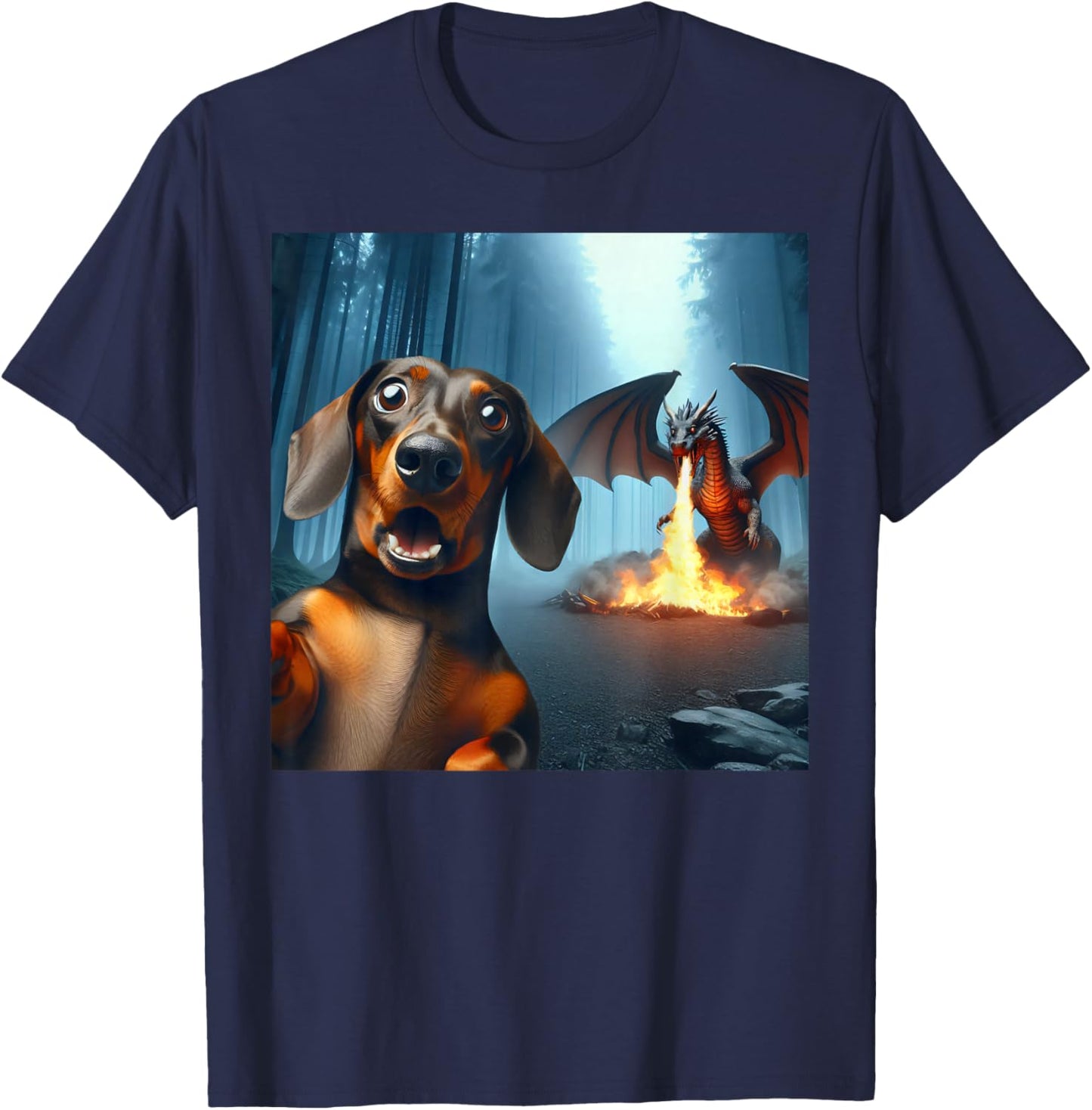 Dachshund Selfie with dragon surprised Dachshund dragon T-Shirt - T-Shirt | Navy