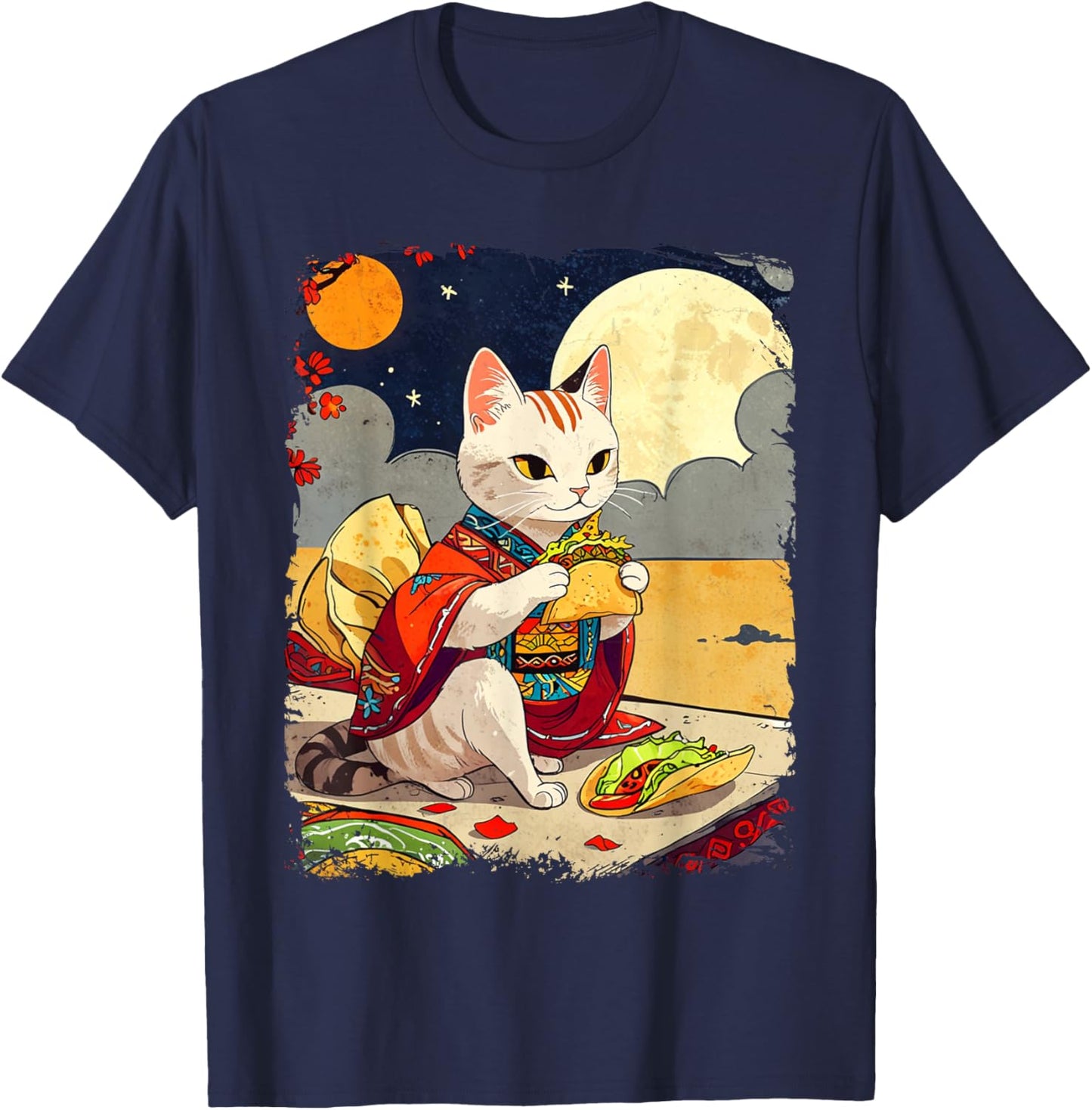 Cat Eating Tacos Funny Taco Cat Ukiyo-e Art Mexican Cat T-Shirt - T-Shirt | Navy