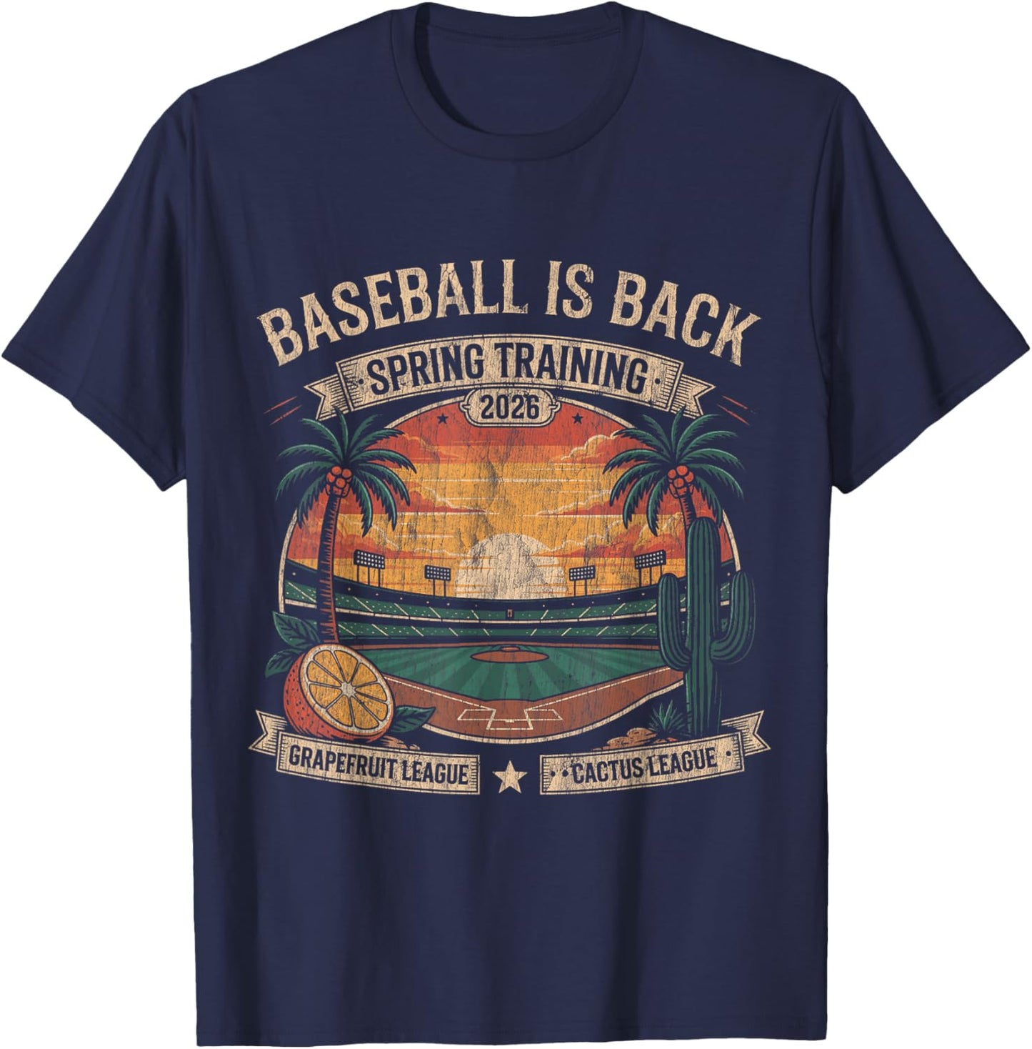Spring Training Baseball is Back 2026 Retro Stadium Sunset T-Shirt - T-Shirt | Navy