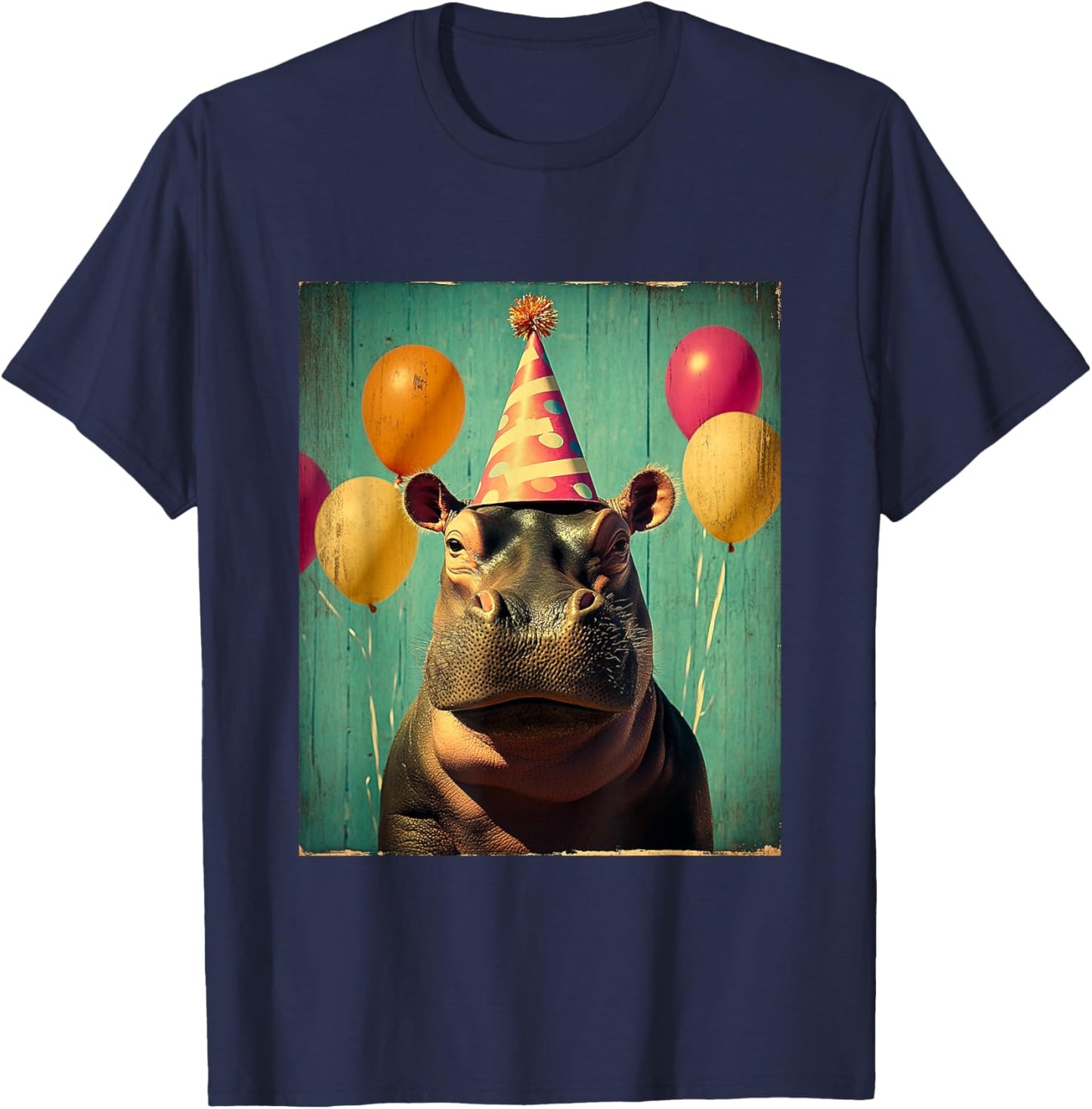 Hippo Retro Art Print Birthday Party Balloons & Party Hat T-Shirt - T-Shirt | Navy