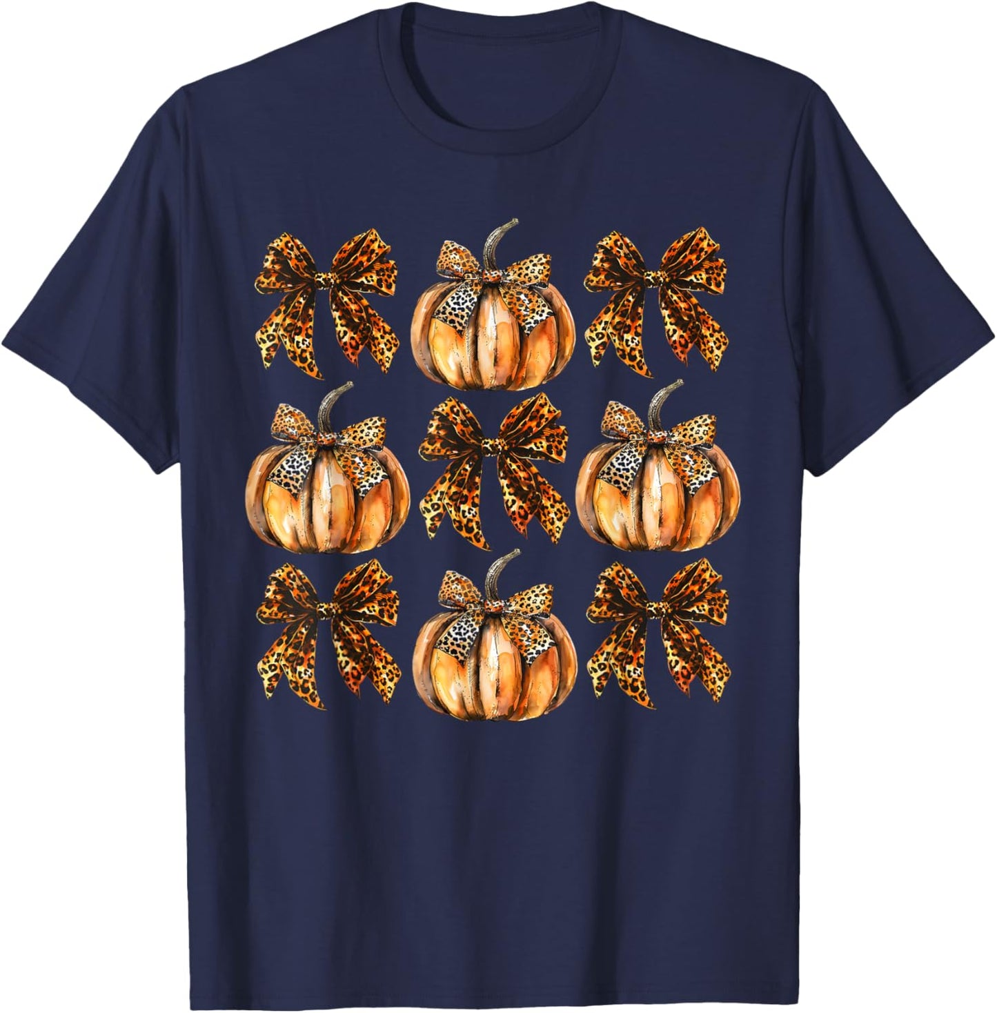 Leopard Coquette Bow Pumpkin Thanksgiving Autumn Fall Leaves T-Shirt - T-Shirt | Navy