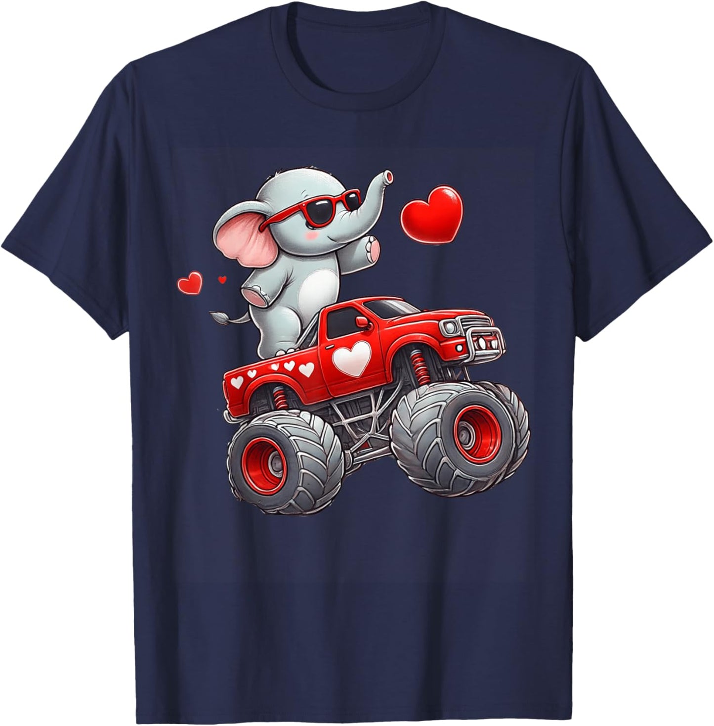 Valentines Day Elephant Riding Monster Truck Cute Boys Girls T-Shirt - T-Shirt | Navy