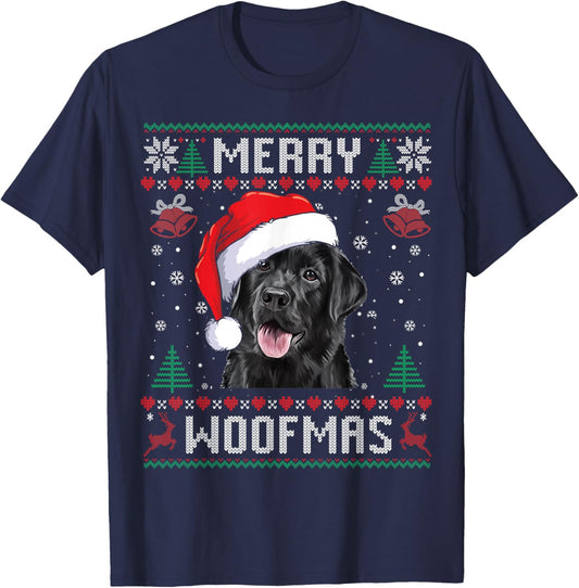 Merry Woofmas Ugly Sweater Black Lab Labrador Christmas T-Shirt - T-Shirt | Navy