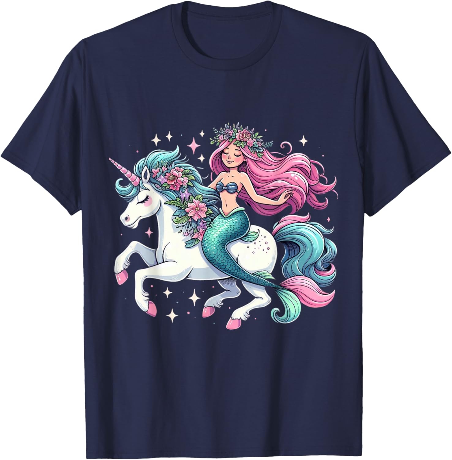 Mermaid Riding A Unicorn Boys Girls Men Women Kids Adults T-Shirt - T-Shirt | Navy