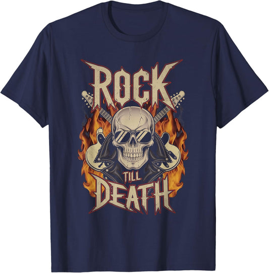 Skull and Flames Rock Till Death T-Shirt - T-Shirt | Navy