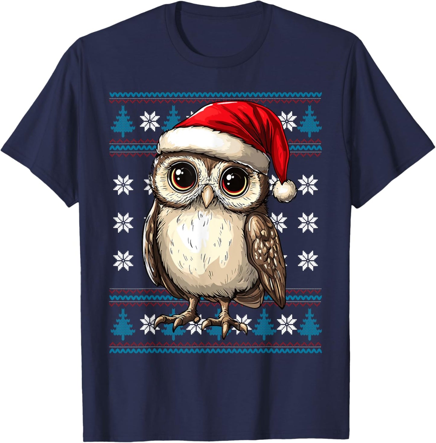 Owl Santa Hat Ugly Christmas Sweater Owl Lovers Holiday T-Shirt - T-Shirt | Navy