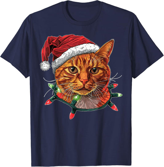 Cute Orange Cat Tabby Cat Christmas Hat Xmas Women Kids T-Shirt - T-Shirt | Navy