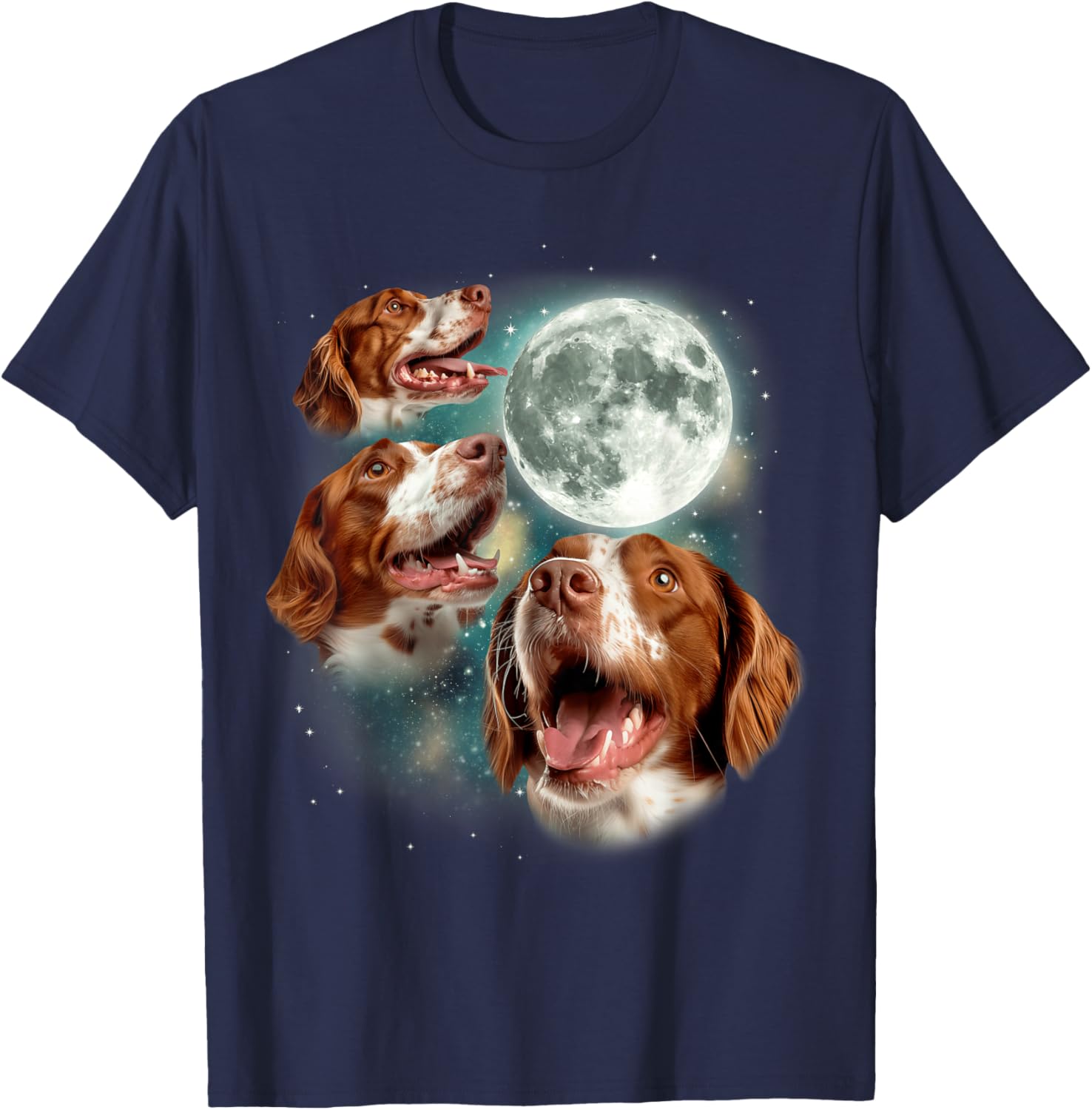 Three Brittany Spaniel Moon | 3 Spaniels Howling at Moon Dog T-Shirt - T-Shirt | Navy