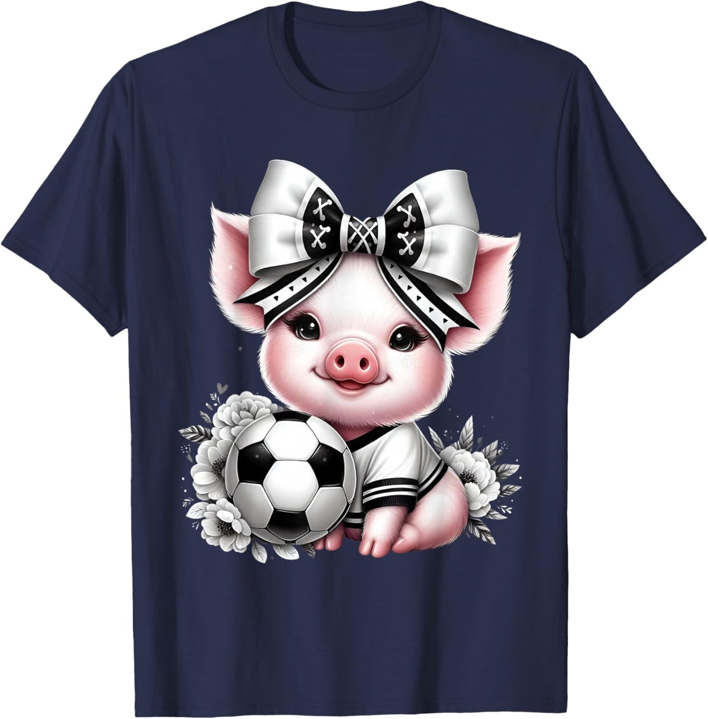 Cute Pig Black & White Soccer Coquette Bow Soccer Player Pig T-Shirt - T-Shirt | Navy