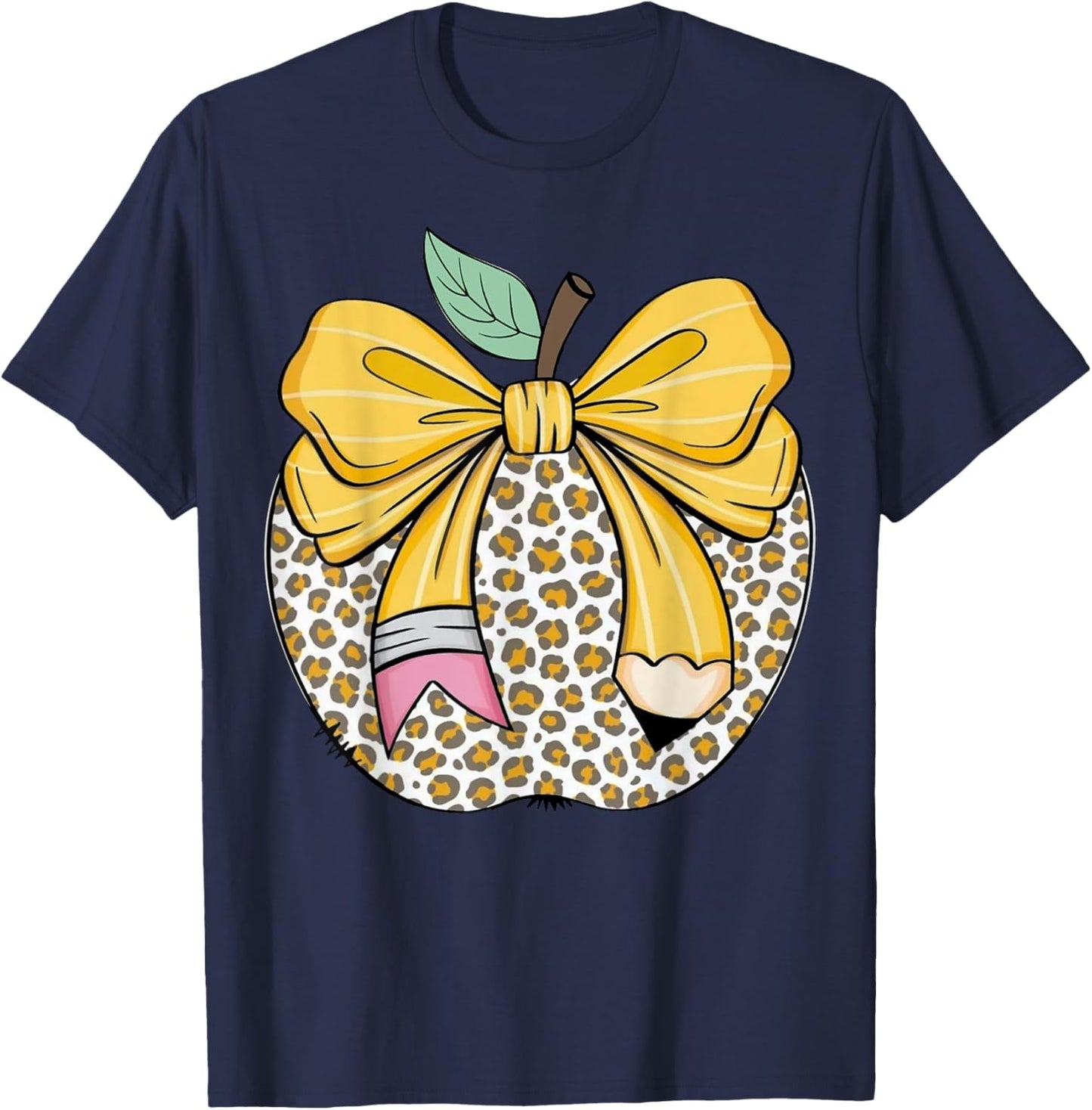 Teacher Coquette Pencil Bow And Apple Teacher T-Shirt - T-Shirt | Navy