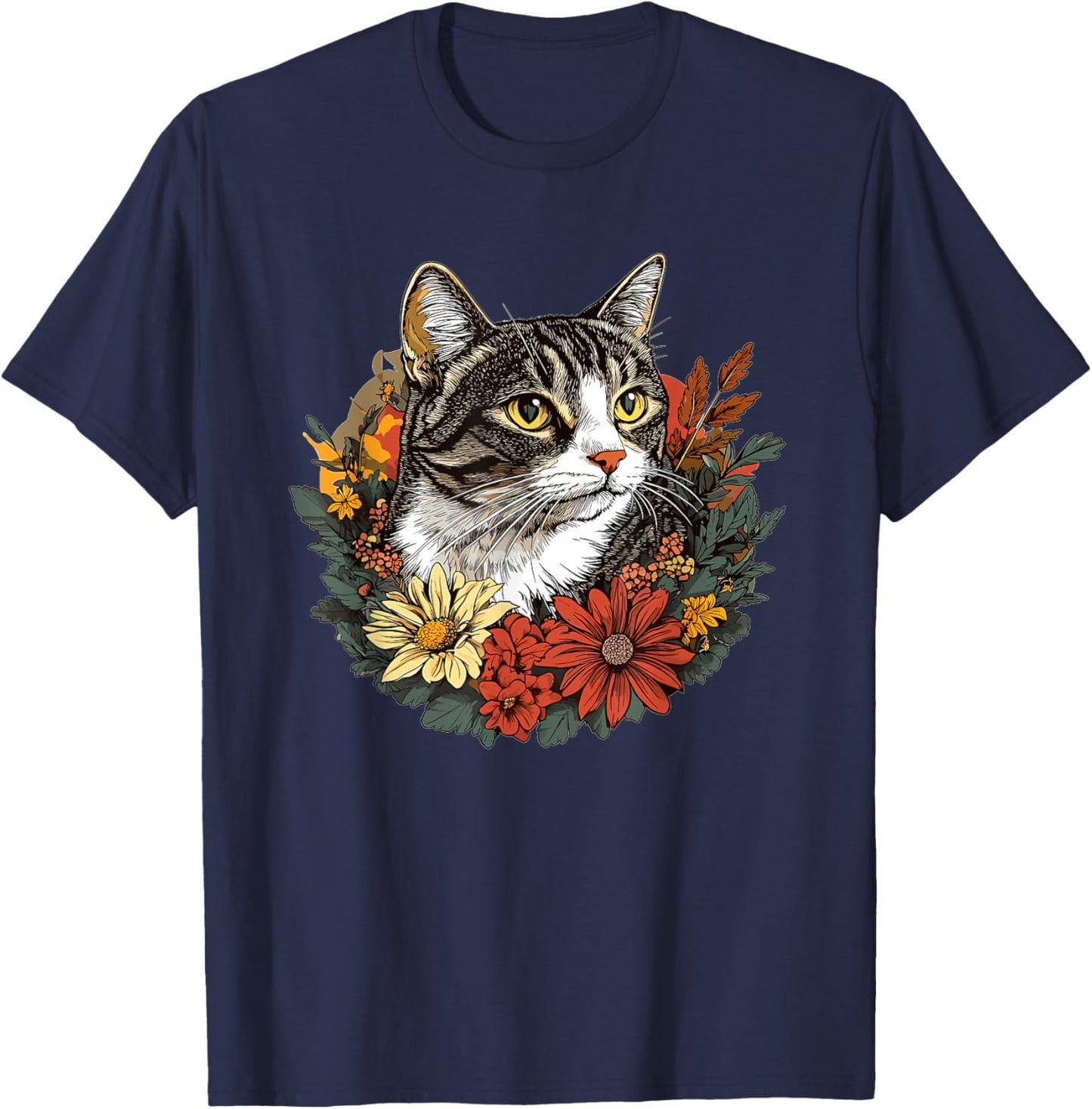 Tabby Cat Surrounded By Colorful Flowers T-Shirt - T-Shirt | Navy