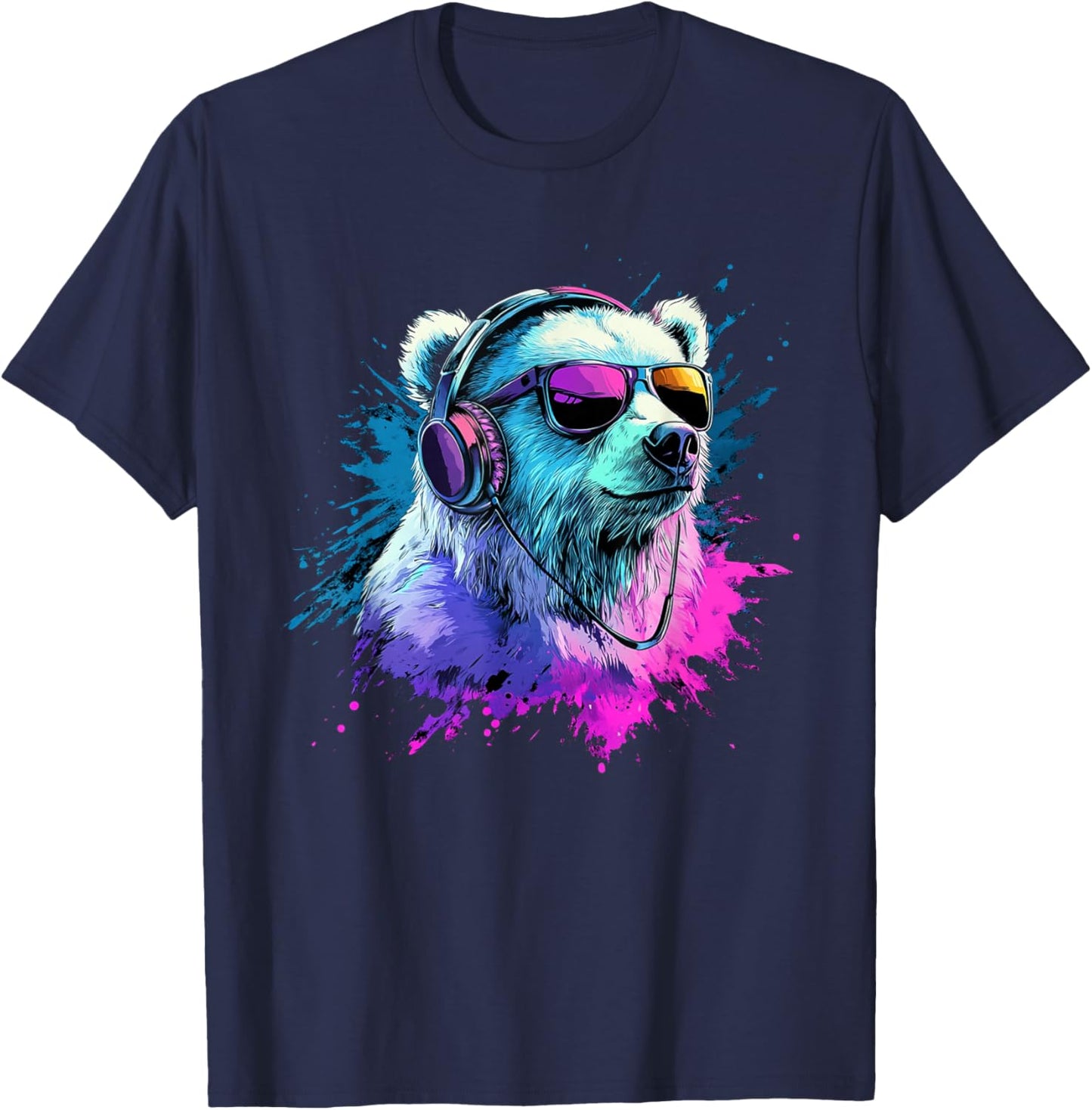 Polar Bear Colorful Music Headphones Artistic Polar Bears T-Shirt - T-Shirt | Navy