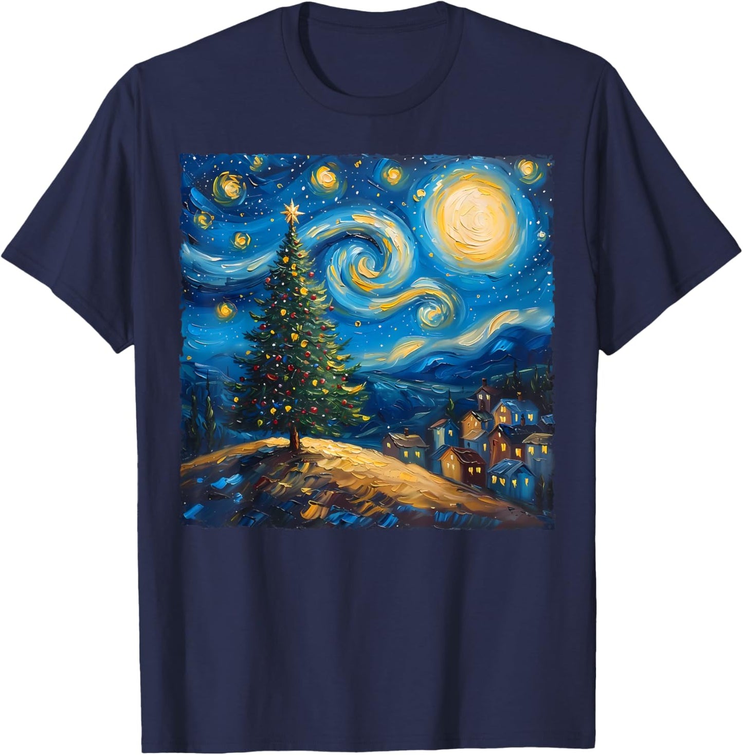 Van Gogh Style The Starry Night Christmas Tree Village Art T-Shirt - T-Shirt | Navy