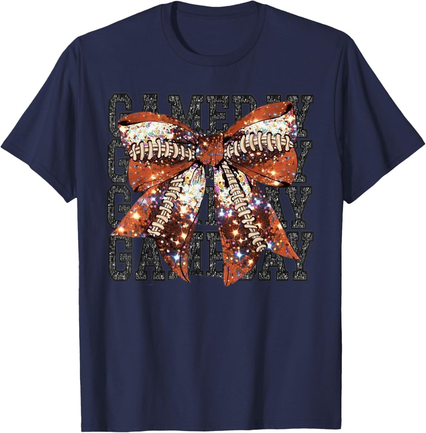 Game Day Football Bling Bling Football Lover Coquette Bow T-Shirt - T-Shirt | Navy