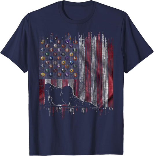 Vintage USA Flag Pool Billiards Player Silhouette T-Shirt - T-Shirt | Navy