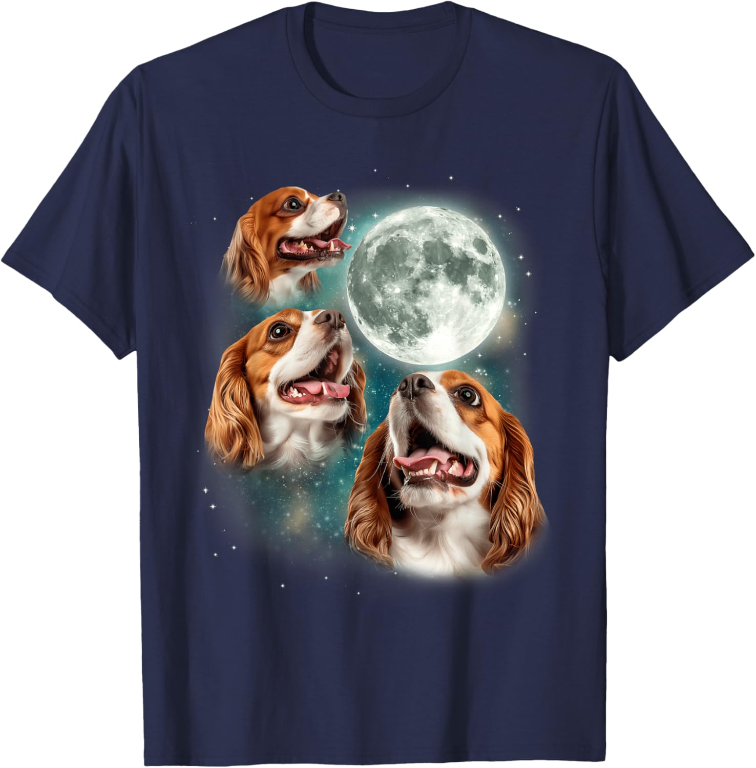 3 Cavalier King Charles Spaniel Moon | Canine Pet Dog Lover T-Shirt - T-Shirt | Navy
