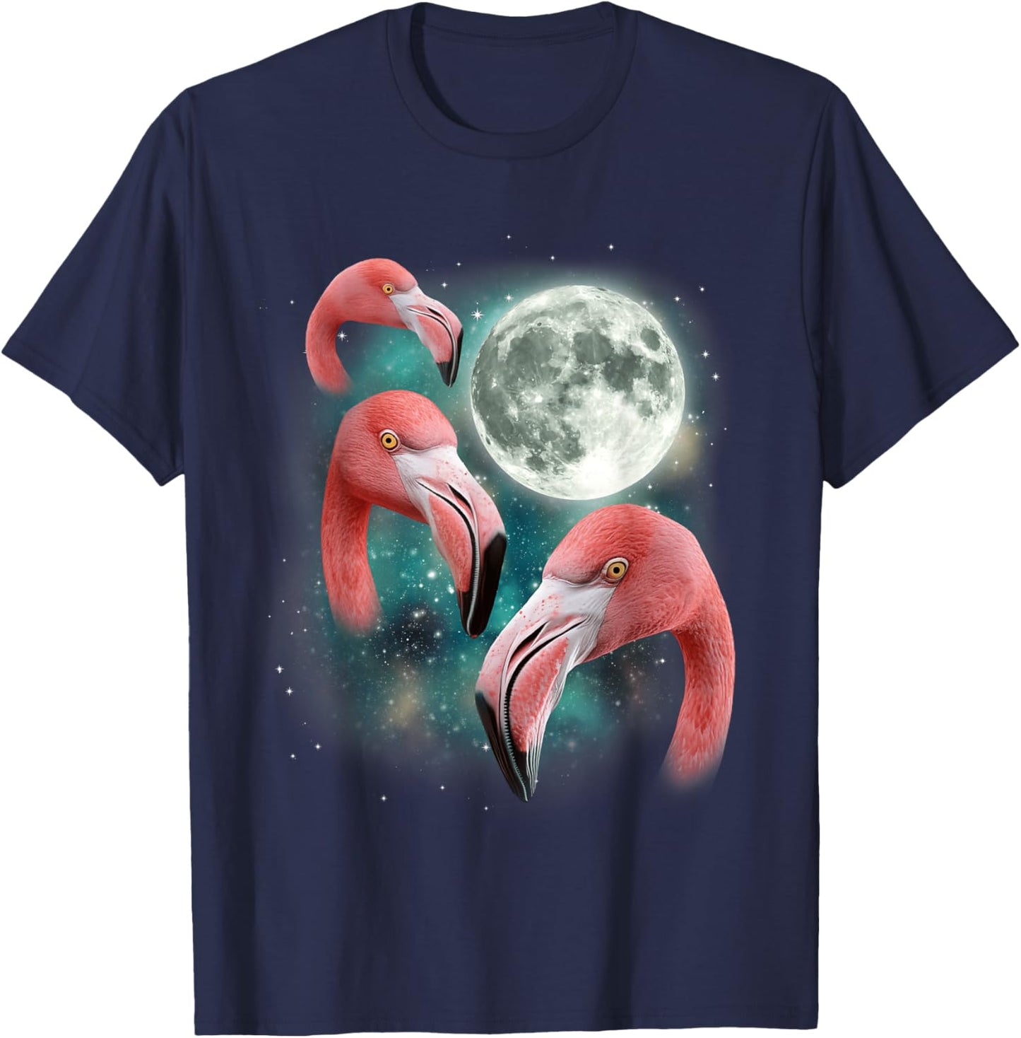 Three Flamingo Moon | Funny 3 Flamingos Bird Tropical Meme T-Shirt - T-Shirt | Navy