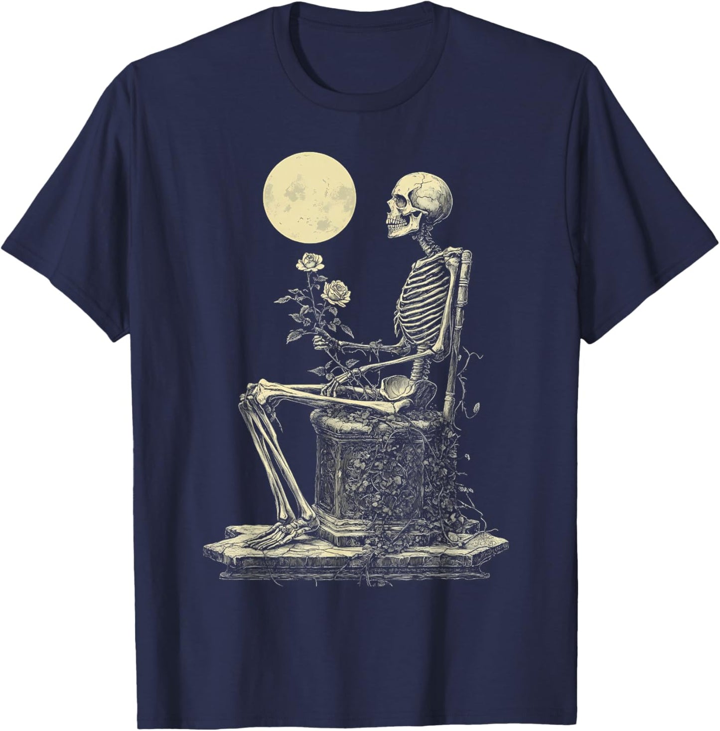 Satanic Skull Rose Gothic Skeleton Holding Rose T-Shirt - T-Shirt | Navy